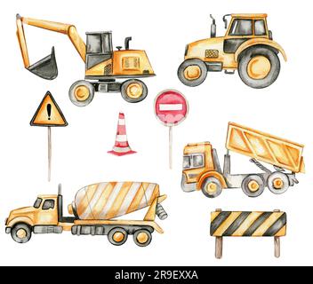 Straßenschilder, gelber Betonmischer, Traktor, Lkw und Bagger. Handgezeichnete Aquarell-Illustration. Perfekt für Poster oder Aufkleber für Kinder. Stockfoto