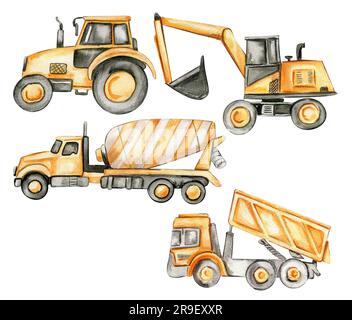 Gelber Betonmischer, Traktor, Lkw und Bagger. Handgezeichnete Aquarell-Illustration. Perfekt für Poster oder Aufkleber für Kinder Stockfoto