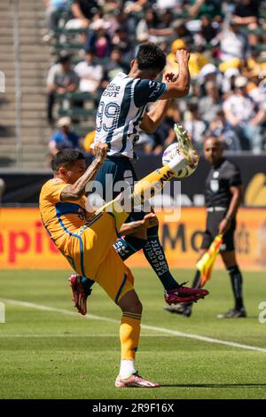 UANL Tigres Mittelfeldspieler Javier Aquino (20) und Pachuca Mittelfeldspieler Miguel Rodriguez (199) kämpfen während einer Campeón de Campeones Liga MX Matte um Besitz Stockfoto