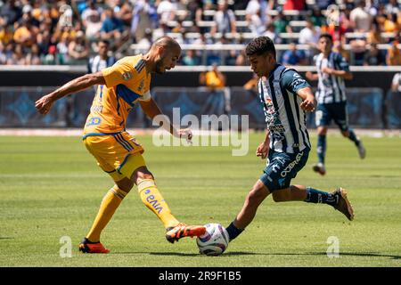 Pachuca Defender Jesús Hernández (28) wird vom Mittelfeldspieler Guido Pizarro (19) der UANL Tigres während eines Spiels der Campeón de Campeones Liga MX am Sonntag, Stockfoto