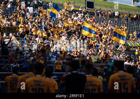 UANL Tigres-Fans feiern einen Sieg im Spiel Campeón de Campeones Liga MX gegen Pachuca, Sonntag, den 25. Juni 2023, im Dignity Health Sports Park, in Stockfoto