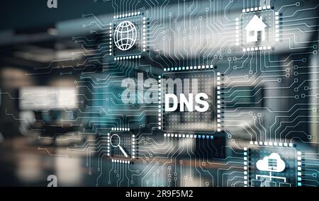 DNS Domain Name System-Konzept auf virtuellem Bildschirm. Stockfoto