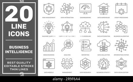 Satz von Symbolen für Business Intelligence und Business Management, wie maschinelles Lernen, Datenmodellierung, Entwicklung, Visualisierung, Risiko Stock Vektor