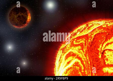 Sternenbrand mit feuriger Intensität und Planet. Rote, gelbe und orangefarbene Fusionsreaktion aus den heißen Gasen Stockfoto