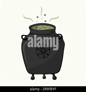 Vektordarstellung eines handgezeichneten Hexenkessels mit grünem Trank und Blasen Stock Vektor