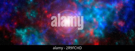 Weltraumhintergrund mit Sternenstaub und strahlenden Sternen. Realistischer Kosmos und Farbnebel. Farbenfrohe Galaxie. 3D Abbildung. Stockfoto