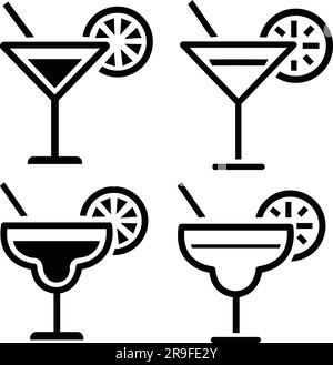Glas-Vektor-Symbolsatz für Getränke. Margarita Cocktail Icon Kollektion. Cocktail margarita Glas mit Limettenscheibe. Symbol „Linie und flach“. Weinglas. Balkensymbol Stock Vektor