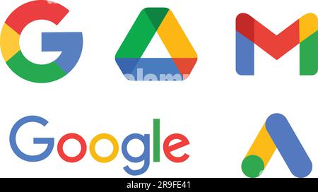 Google App Logo-Laufwerk, Gmail, google Anzeigen auf transparentem Hintergrund. Beliebte Suchmaschine symbol für google-Logotyp. Google-Zeichen-Aktienvektor Stock Vektor