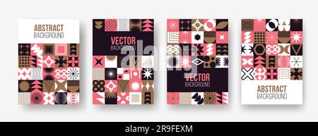 Vektorset mit abstrakten bunten, minimalistischen geometrischen Elementen aus Patchwork. Zeitgenössisches Mosaik mit einfachen verschiedenen Formen, Kurven, Linien, Zickzack Stock Vektor
