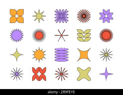 Vektorset abstrakter minimalistischer geometrischer Elemente. Zeitgenössisch einfache Zickzackformen, Kurven, Linien, Dreiecke, Kreise für Symbole, Logo, Stock Vektor