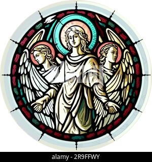Archangel-Gruppierung, Raphael, Gabriel und Michael - rundes Buntglasfenster Stock Vektor
