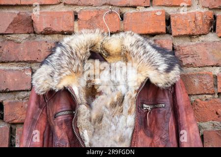 Rotes Pelzleder Winterjacke für Damen hängt tagsüber an einem Kleiderbügel an einer alten Backsteinwand im Freien, Damenbekleidung Stockfoto