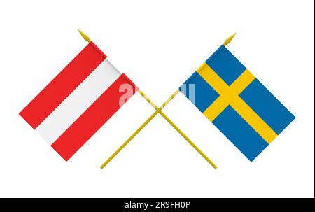 Flagge von Österreich und Schweden, 3D-Rendering, isoliert auf weißem Stockfoto