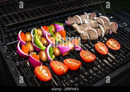 Rind- und Gemüsekabben bereit zum Grillen im Sommer. Bunte Sish Kabobs auf Holzkohlegrill. Stockfoto