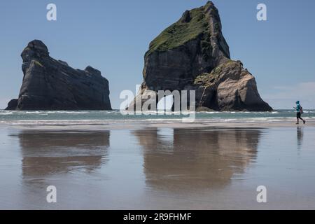 Touristen auf den Archway Islands am Wharariki Beach, Neuseeland, Südinsel nördlichster Punkt am Tasmanischen Meer in der Nähe von Cape Farewell. Foto: Rob Watkins Stockfoto