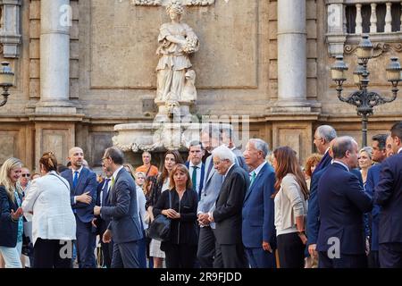 Palermo, Sizilien, Italien. 26. Juni 2023. Die Staats- und Regierungschefs Italiens, Portugals und Spaniens in Palermo, Sizilien, sprechen über "Innovation im nachhaltigen Finanzwesen". Zuvor besuchten die Staatschefs das Stadtzentrum in Begleitung der Kommunalregierung, mit dem Bürgermeister von Palermo Roberto Lagalla und dem Stadtplaner Maurizio Carta, und der Regionalregierung, mit dem Präsidenten von Sizilien Renato Schifani.'Innovation in Sustainable Finance': Dies ist das zentrale Thema des XVI. COTEC Europe Symposium, der jährlichen institutionellen Sitzung der Stiftung für Innovation Italiens in Port Stockfoto