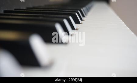 Nahaufnahme der schwarz-weißen Tasten eines Flügels, beleuchtet durch natürliches Licht Stockfoto