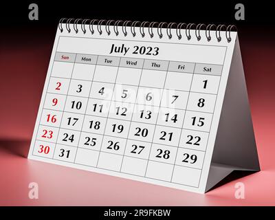 Eine Seite des monatlichen Kalenders des jährlichen Business Desks. Datum: Juli 2023. 3D-Rendering Stockfoto