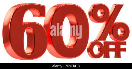 60 % Rabatt auf Sonderangebote. 3D Zahl mit Prozentzeichen. Isoliert auf weißem Hintergrund Stockfoto