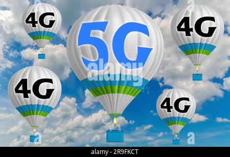 Heißluftballons mit 5G-Technologie. Kommunikation Internet Online-Technologiekonzept. 5G-Kommunikationsnetzwerksystem. 3D Abbildung. Stockfoto