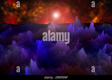 Blick von einem unbekannten Asteroiden auf die Galaxie, Felsformationen, Berge. 3D Abbildung. Stockfoto