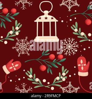 Nahtloses Muster im weihnachtsstil mit Handschuhen und Mistelvektorgrafik auf braunem Hintergrund Stock Vektor