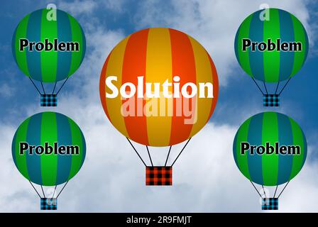 Heißluftballons mit LÖSUNGSKONZEPT. Abstrakter Hintergrund, Denken und Kreativität. 3D Abbildung. Stockfoto
