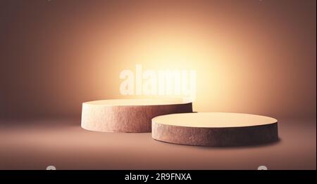 Rundzylinder Podium Beige abstrakter Hintergrund. Warmes Licht. Leerer Schaukasten für die Präsentation ökologischer kosmetischer Produkte Stockfoto