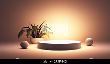 Rundzylinder Podium Beige abstrakter Hintergrund. Warmes Licht. Leerer Schaukasten für die Präsentation ökologischer kosmetischer Produkte Stockfoto
