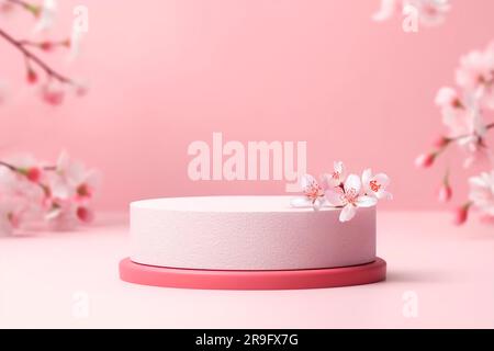 Rundes Podium für kosmetische Schönheitsprodukte mit Kirschblüten Stockfoto