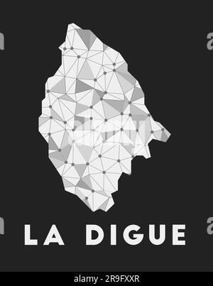 La Digue - Karte des Kommunikationsnetzwerks der Insel. La Digue: Trendiges geometrisches Design auf dunklem Hintergrund. Technologie, Internet, Netzwerk, Telekommunikation Stock Vektor