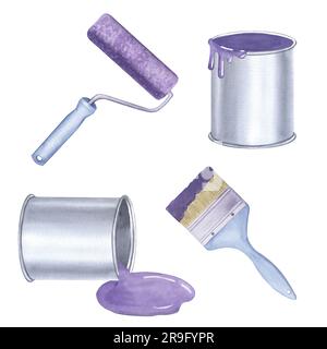 Eine volle Dose lila Farbe ist undicht. Violette Malerwalze, Pinsel, Reparaturwerkzeug. Inneneinrichtung dekorieren, Wände neu streichen. Von Hand gezeichnete Aquarelle krank Stockfoto