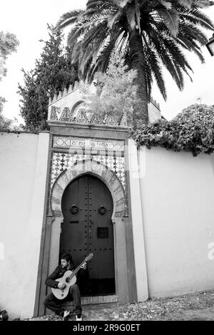 Granada, Spanien - 26. Februar 2022: Junger Gitarrenspieler tritt in den Straßen von Granada, Spanien auf. Stockfoto