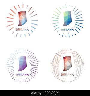 Indiana Low Poly Sunburst Set. Logo des US-Bundesstaates im geometrischen polygonalen Stil. Vektorabbildung. Stock Vektor