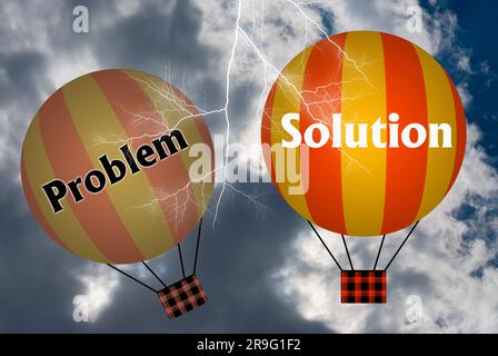 Heißluftballons mit LÖSUNGSKONZEPT. Abstrakter Hintergrund, Denken und Kreativität. 3D Abbildung. Stockfoto