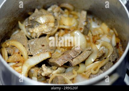 Stücke von gehacktem Rindfleisch, auf heißem Dampf gekocht, mit Zwiebelscheiben, Salz und schwarzem Pfeffer, Lorbeerblätter und Kardamom, Rindfleischstücke gekocht, Fleisch Stockfoto