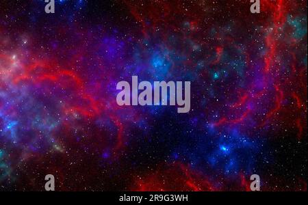 Weltraumhintergrund mit Sternenstaub und strahlenden Sternen. Realistischer Kosmos und Farbnebel. Farbenfrohe Galaxie. 3D Abbildung. Stockfoto