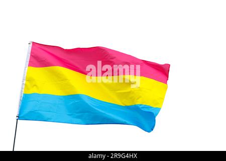 Isolierte pansexuelle Pfannenflagge bei der Stoke on Trent Gay PRIDE Parade im hanley Park staffordshire am 2023. Juni mit weißem Hintergrund Stockfoto