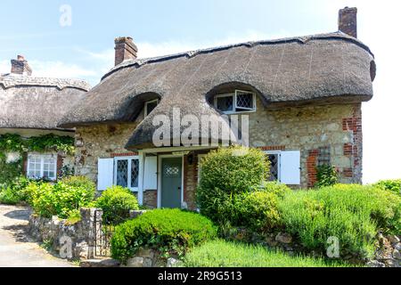 Das strohgedeckte Old Bell Cottage, Church Hill, Godshill, Isle of Wight, England, Vereinigtes Königreich Stockfoto