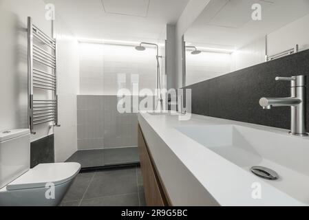 Bild eines wunderschönen modernen Badezimmers mit einem langen Doppelwaschbecken, einem großen rahmenlosen Spiegel, dunklem Marmor, einer begehbaren Dusche mit Glasdach und einem Chrom Stockfoto