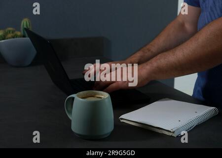 Seitenansicht der Hände eines Mannes, der auf einem Laptop tippt Stockfoto