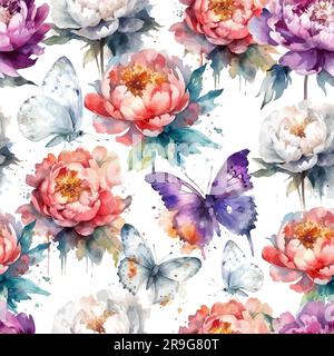Pfingstrosen mit nahtlosem Muster in Aquarellfarben. Vektordarstellung Stock Vektor