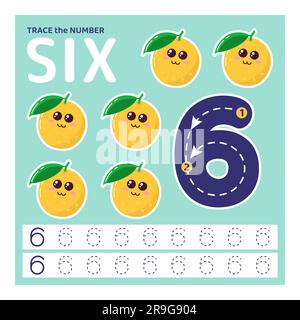 Spur Nummer sechs. Zählen und Schreiben lernen. Stock Vektor