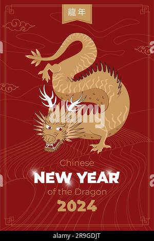 Vertikales Poster zum chinesischen Neujahrsfest 2024. Chinesisches goldenes Drachen-Zodiac-Schild auf roten Reisfeldern. Asiatische festliche Vektorkarte. Textübersetzung aus Chinesisch: Jahr des Drachen Stock Vektor