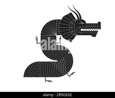 Abstraktes geometrisches chinesisches Drachen-Zodiac-Symbol mit Art-linearem Muster. Asiatisch heilige, moderne Form Symbol Design von Güte und Macht. Bauhaus-Fliesenmotiv. Japanischer alter Vektor-eps-Tier Stock Vektor