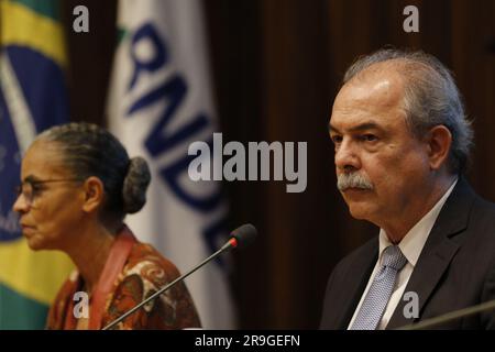 Portrait von Marina Silva, Umweltministerin, und Aloízio Mercadante, Präsidentin von BNDES Stockfoto