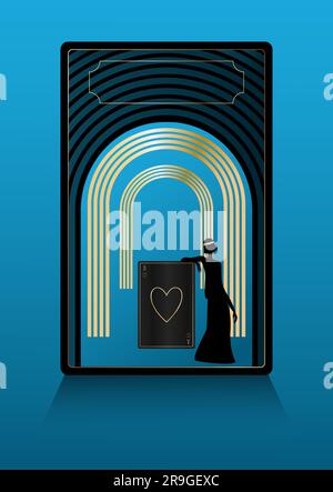 Goldenes Herz-Ass auf schwarzer Spielkarte, Frau und Bogen Art-Deco-Stil Bannervorlage Space-Vektor-Illustration kopieren Stock Vektor