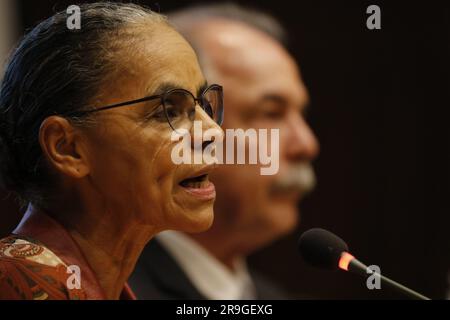 Portrait von Marina Silva, Umweltministerin, und Aloízio Mercadante, Präsidentin von BNDES Stockfoto