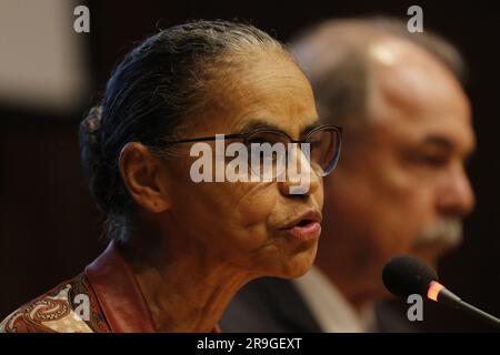 Portrait von Marina Silva, Umweltministerin, und Aloízio Mercadante, Präsidentin von BNDES Stockfoto