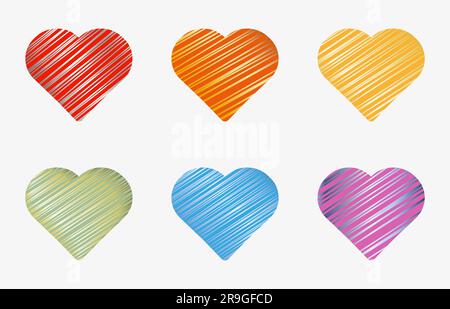 Verschiedene Farben Hearts Kollektion glänzende Kritzeleien auf Herzform Designelemente Set 3D Vektordarstellung isoliert auf weißem Hintergrund Stock Vektor